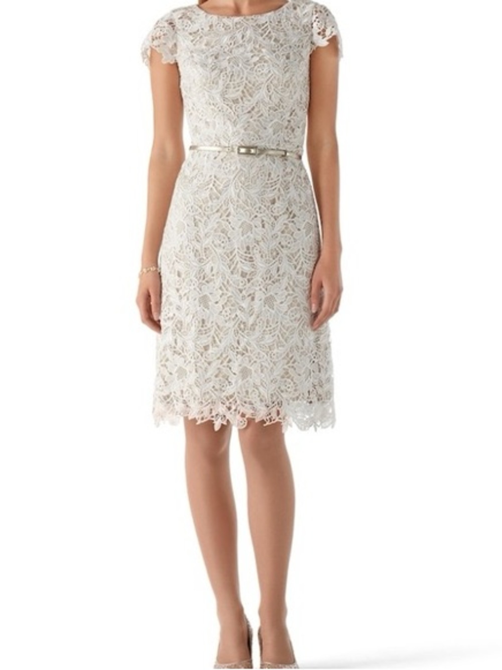 White House Black Market Ivory White Lace Cap-Sleeve Sheath Dress Wedding Size 4